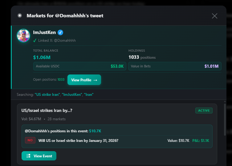 PollyX showing found Polymarket trader profile
